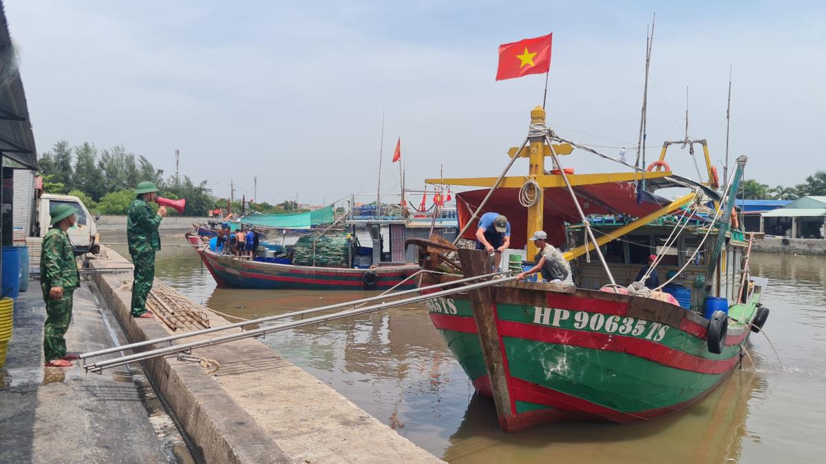 Cán bộ, chiến sĩ Đồn Biên phòng Đồ Sơn tuyên truyền, vận động ngư dân chằng, buộc phương tiện tại cảng cá Ngọc Hải, Đồ Sơn.